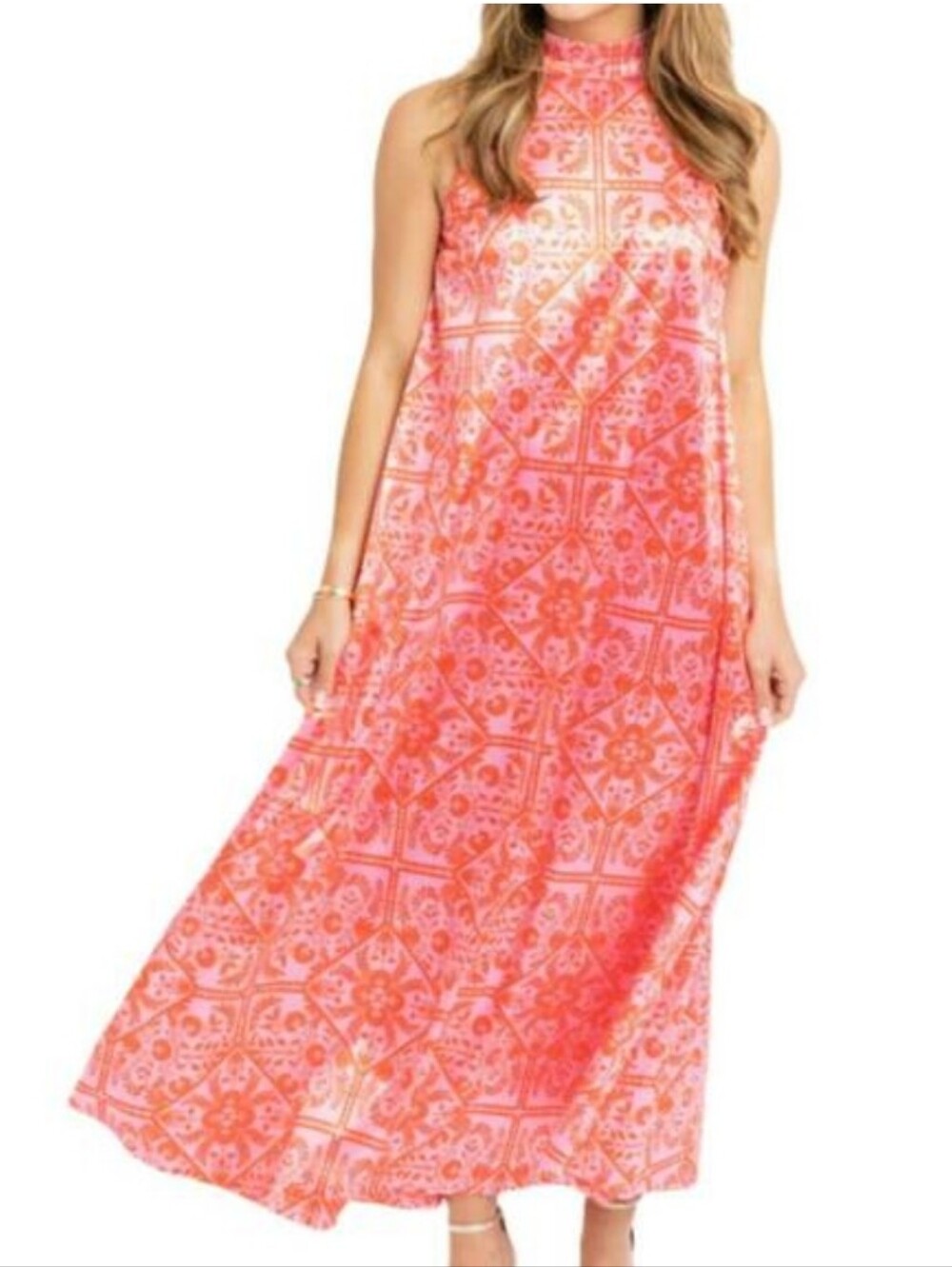 Karlie Dynasty Mock Halter Shimmer Maxi Dress Red Pink Floral Tile Print Silky L